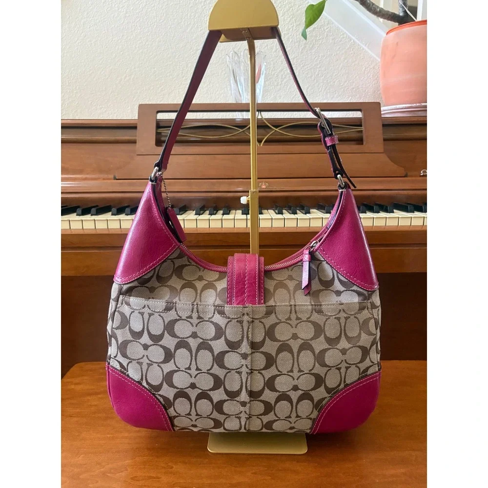 Coach Signature Canvas Pink Leather Buckle‎ Shoulder Bag Y2K Classic